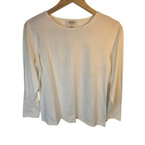 Talbots Petites Womens Medium Cream Long Sleeve Crew Neck Stretch Cotton Top